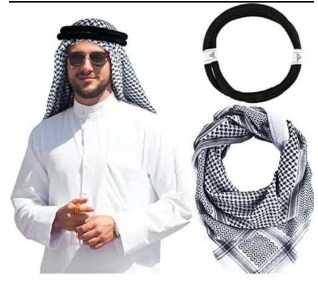 2 IN 1 Muslim Arab Men Scarf Turban And Aga Sheriff Set Black/White