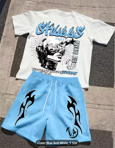 Men'S Casual Graphic Print Short-Sleeve T-Shirt And Shorts