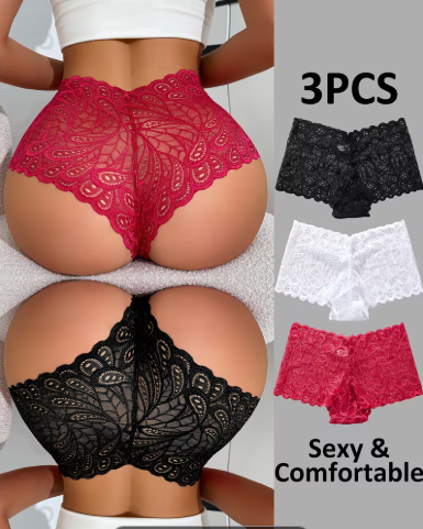3pcs Women's Lace Boxer Shorts - Sexy & Comfortable Breathable Panties with Floral Patterns