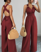 Women's Jumpsuit with Crisscross Waist Ties, Slit Back, and Wide-leg Straight-cut Pants