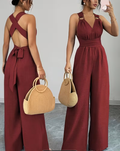 Women's Jumpsuit with Crisscross Waist Ties, Slit Back, and Wide-leg Straight-cut Pants