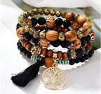 DJL 4 In 1 Men's Bracelet Tassel Multi-Layer Wooden Bead String Elastic Bracelet Black