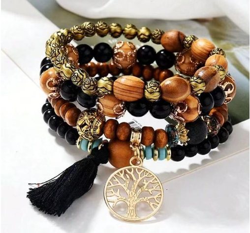 DJL 4 In 1 Men's Bracelet Tassel Multi-Layer Wooden Bead String Elastic Bracelet Black
