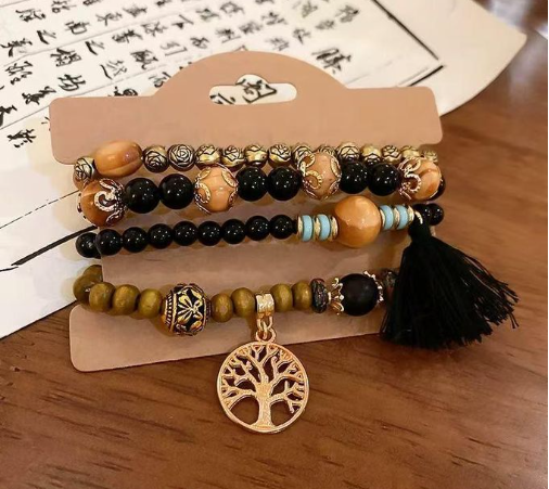 DJL 4 In 1 Men's Bracelet Tassel Multi-Layer Wooden Bead String Elastic Bracelet Black