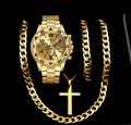 4pcs Luxury Men's Stylish Business Quartz Watch + Versatile Cross Necklace and Bracelet Set