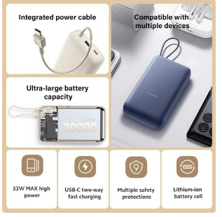 Xiaomi 33W Power Bank 20,000mAh (Integrated Cable Edition) – Blue | High-Speed 3-Port Charging