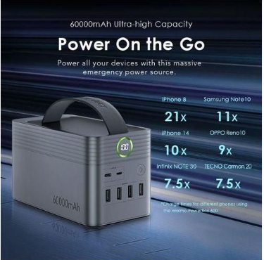Oraimo PowerBox-600 60,000mAh – 22.5W Super-Fast Charging Power Station with High-Power LED Lighting