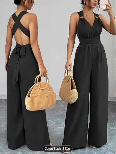 Women's Jumpsuit with Crisscross Waist Ties, Slit Back, and Wide-leg Straight-cut Pants