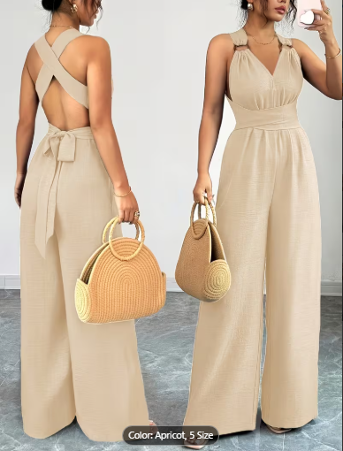 Women's Jumpsuit with Crisscross Waist Ties, Slit Back, and Wide-leg Straight-cut Pants