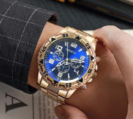 4pcs Luxury Men's Stylish Business Quartz Watch + Versatile Cross Necklace and Bracelet Set